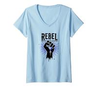 Ribelle con Una Causa: Potente protesta del Pugno Maglietta con Collo a V, Donna, Celeste, M