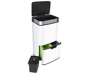 Ribelli Acciaio inossidabile - Sistema di raccolta differenziata con 3 + 1 scomparti - Pattumiera con sensore - 72 litri (2 x 12 + 1 x 48 L) - Pattumiera a pedale in acciaio inox - Bianco