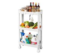 Ribelli Carrello da cucina a 3 livelli, carrello da cucina sottile, scaffale da cucina su ruote, scaffale per nicchia con 8 ganci, carrello da portata in plastica per bagno, cucina, ufficio, bianco