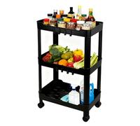 Ribelli Carrello da cucina a 3 livelli, carrello da cucina sottile, scaffale da cucina su ruote, scaffale per nicchia con 8 ganci, carrello da portata in plastica per bagno, cucina, ufficio, nero