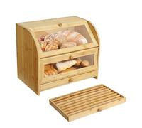 Ribelli Contenitore per il pane in bambù con 2 ripiani e cassetto, grande contenitore per il pane con tagliere per il pane, in legno con coperchio, per alimenti