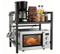Ribelli Mensola espandibile per microonde a 2 livelli, mensola da cucina in acciaio, con 3 ganci, supporto per forno a microonde per piano di lavoro, scaffale per forno, nero