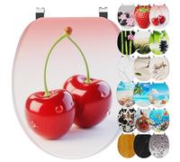 Ribelli Sedile WC con abbassamento automatico, coperchio WC a forma di O in molti motivi, facile da montare, facile da pulire, ca. 46 x 37 cm (ciliegie)