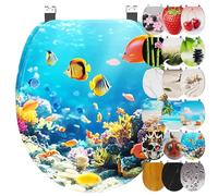 Ribelli Sedile WC con abbassamento automatico, coperchio WC a forma di O, in molti motivi, facile da montare, facile da pulire, ca. 46 x 37 cm (pesce oceano)