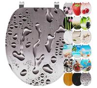 Ribelli Sedile WC con abbassamento automatico, coperchio WC a forma di O in molti motivi, facile da montare, facile da pulire, circa 46 x 37 cm (gocce d'acqua grigia)