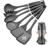 Ribelli Set di 6 utensili da cucina, in silicone, resistenti al calore, accessori da cucina con supporto, antiaderenti, lavabili in lavastoviglie, colore: nero