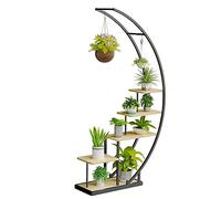 Ribelli Supporto per piante in metallo a 5 livelli, a forma di mezzaluna, 172 cm, con 5 ripiani e ganci, per piante, con protezione antiribaltamento, per balcone, soggiorno, terrazza (1 pezzo,