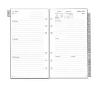 Ricambio Agenda Organizer 2025 2026 Personale Formato 9,5 x 17 cm, 1 Settimana 2 Pagine con Divisori Mensili, Nota Contatto, da Agosto 25 a Luglio 26, 6 Fori, Carta Spessa 100gr In Inglese