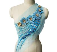 Ricami di Ricamo, Tessuto di Pizzo con Fiori Blu Cielo, Nappe con Paillettes, Abito Ricamato, Applicazioni, Colletto in Maglia, Toppa da Cucire for la Decorazione di Nozze, Abito Fai da Te