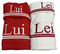 RICAMI FIORENTINI BALDI Set 4 asciugamani con ricamo LUI e LEI, spugna di cotone 100% 400 gr/mq, 4 pezzi: 2 viso+2 ospite. Idea regalo. Prodotto artigianale toscano (rosso,bianco)