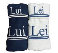 RICAMI FIORENTINI BALDI Set 4 asciugamani con ricamo LUI e LEI, spugna di cotone 100% 400 gr/mq, 4 pezzi: 2 viso+2 ospite. Idea regalo. Prodotto artigianale toscano (blu,bianco)