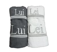 RICAMI FIORENTINI BALDI Set 4 asciugamani con ricamo LUI e LEI, spugna di cotone 100% 400 gr/mq, 4 pezzi: 2 viso+2 ospite. Idea regalo. Prodotto artigianale toscano (grigio,bianco)