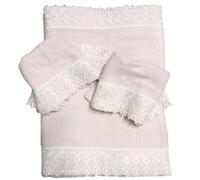 RICAMI FIORENTINI BALDI Set asciugamani con pizzo macramè, spugna di cotone 100% 420 gr/mq, 5 pezzi: 2 viso+2 ospite + 1 telo doccia. Idea regalo. Prodotto artigianale toscano (5 pezzi, rosa)