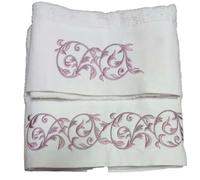 RICAMI FIORENTINI BALDI Set asciugamani ricamati per bagno. Cotone 100%, 420 gr/mq. 2 pezzi: 1 per viso e 1 per bidet. Idea regalo. (Edera, panna-rosa)