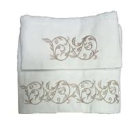 RICAMI FIORENTINI BALDI Set asciugamani ricamati per bagno. Cotone 100%, 420 gr/mq. 2 pezzi: 1 per viso e 1 per bidet. Idea regalo. (Edera, panna-beige)