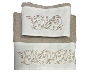 RICAMI FIORENTINI BALDI Set asciugamani ricamati per bagno. Cotone 100%, 420 gr/mq. 2 pezzi: 1 per viso e 1 per bidet. Idea regalo. (Edera, beige-beige)