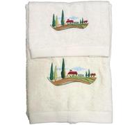 RICAMI FIORENTINI BALDI Set asciugamani ricamati per bagno. Ricamo paesaggio toscano. Cotone 100%, 420 gr/mq. 2 pezzi: 1 per viso e 1 per bidet. Idea regalo. (Toscana, panna)