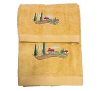 RICAMI FIORENTINI BALDI Set asciugamani ricamati per bagno. Ricamo paesaggio toscano. Cotone 100%, 500 gr/mq. 2 pezzi: 1 per viso e 1 per bidet. Idea regalo. (Toscana, giallo)