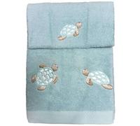 RICAMI FIORENTINI BALDI Set Asciugamani Ricamati, Spugna di Cotone 100% 500 gr/mq, 2 Pezzi: 1 Viso+1 ospite. Idea Regalo. Prodotto Artigianale Toscano (2 Pezzi Tartaruga, Turchese)