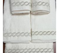 RICAMI FIORENTINI BALDI Set asciugamani ricamati, spugna di cotone 100% 550 gr/mq, 5 pezzi: 2 viso+2 ospite + 1 telo doccia. Idea regalo. Prodotto artigianale toscano (5 pezzi ESSE, panna)