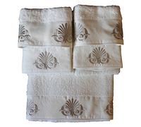 RICAMI FIORENTINI BALDI Set Asciugamani Ricamati, Spugna di Cotone 100% 550 gr/mq, 5 Pezzi: 2 Viso+2 ospite + 1 Telo Doccia. Idea Regalo. Prodotto Artigianale Toscano (5 Pezzi Ara Pacis, Panna)