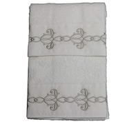 RICAMI FIORENTINI BALDI Set Asciugamani Ricamati, Spugna di Cotone 100% 550 gr/mq, 5 Pezzi: 2 Viso+2 ospite + 1 Telo Doccia. Idea Regalo. Prodotto Artigianale Toscano (5 Pezzi Gaia, Panna)