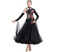 Ricamo Ballroom Dancing Abiti per Le Donne Manica Asimmetrica Waltz Modern Dancing Professional Tango Performance Abbigliamento per Prestazioni Mesh Splice Salsa Dance Vestiti,Red Flower,S