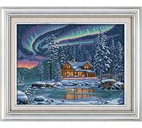 Ricamo in Punto Croce Yeesam Art® - L'aurora Boreale, 14 Fili, Tela Bianca 55 x 43 cm - Cucitura Regalo di Natale.