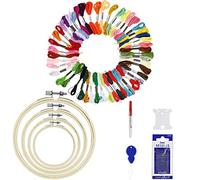 Ricamo Starter Kit, Colori Fili Ricamo, Kit di Attrezzi a Punto Croce con 50 Fili Colorati, 4 Pezzi di Cerchi di Bambù
