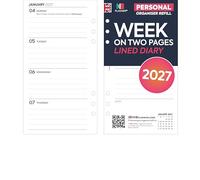 Ricarica agenda settimanale 2027 su due pagine a righe per organizer | Gennaio 2027 - Dicembre 2027 | Compatibile con organizer Filofax formato personal | 95 x 171mm