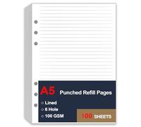 Ricarica di carta a righe A5, 6 fori, per raccoglitori a 6 anelli, carta di riempimento A5, fogli sfusi per ricariche Filofax, organizer, 100 fogli/200 pagine, 14,7 x 20,2 cm