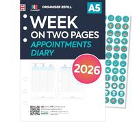 Ricarica per agenda 2026, formato A5, settimana su due pagine, da gennaio 2026 a dicembre 2026, compatibile con organizer Filofax a 6 anelli, formato A5, 148 x 210 mm