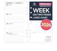 Ricarica per agenda 2026, formato personale, settimana su due pagine, a righe, colore bianco, da gennaio 2026 a dicembre 2026, compatibile con l'organizer Filofax a 6 anelli, 95 x 171 mm