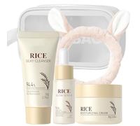 Rice Skin Care Set regalo da viaggio per donne e ragazze, set di routine idratante con detergente, siero, crema viso, fascia e borsa da viaggio, blocco idratante, barriera per la pelle secca