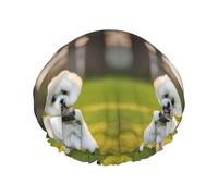 Rich&Rabbit Bichon Frise - Cuffia da doccia con stampa cane su erba, elastica, riutilizzabile, a prova di perdite, a doppio strato