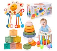Richday 4 in 1 Montessori Giocattoli per bambini per 6-12-18 Months Impilare i blocchi di costruzione Sensory Bin Giocattoli di dentizione neonati ragazze ragazzi giocattoli regali