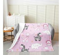 richhome Coperta in pile di flanella per bambini, ragazzi, ragazze, giraffa, leone, zebra, elefante, 127 x 152 cm, per tutte le stagioni, motivo animali dello zoo, rosa, set con fiori