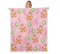 richhome Coperta in pile Sherpa per bambini, motivo omino di pan di zenzero, 228 x 228 cm, con bastoncini di zucchero e fiocco di neve, decorazione natalizia per camera da letto, divano, sedia