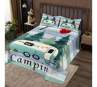 richhome Copriletto a tema camper Happy Camping Copriletto per bambini ragazzi ragazze Cartoon Cars Set Outdoor Adventure Trapuntato Camera 2 pezzi per letto singolo