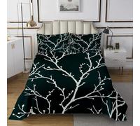 richhome Copriletto con motivo ramo di albero, taglia unica, per bambini, con foglie tropicali, set per ragazzi e ragazze, fiori da fattoria, floreale, bohémien, esotico, verde scuro, trapuntato