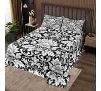 richhome Copriletto damascato king size per bambini, nero e bianco, set copriletto per ragazzi ragazze adolescenti antico vittoriano barocco trapuntato copriletto traspirante gotico vintage floreale