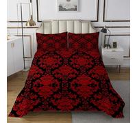richhome Copriletto damascato king size vintage floreale nero rosso copriletto set per adulti adolescenti scheletro osso gotico antico vittoriano barocco trapuntato copriletto decorazione della stanza