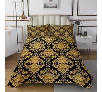 richhome Copriletto damascato matrimoniale vintage floreale floreale nero dorato set per adulti adolescenti scheletro osso gotico antico vittoriano barocco trapuntato copriletto decorazione della