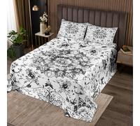 richhome Copriletto floreale vintage per bambini, taglia unica, colore nero e bianco, set per ragazzi e ragazze, copriletto trapuntato damascato, traspirante, vittoriano, barocco, floreale