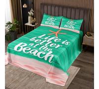 richhome Copriletto hawaiano da spiaggia, set copriletto king size, motivo stella marina, per bambini, ragazzi e ragazze, verde, in legno, decorazione per la casa, estate, oceano, mare, marino