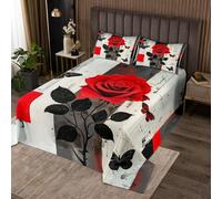 richhome Copriletto matrimoniale con rose rosse e farfalle, set per ragazzi e ragazze, stile vintage RUKsic con bordo in legno, arte geometrica moderna, trapuntato, decorazione per la camera