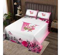 richhome Copriletto trapuntato con lettera e fiori, per bambini, adolescenti, ragazze, donne, con monogramma, con iniziale V, trapuntato, nero, rosa, floreale, rosa, farfalla, alla moda