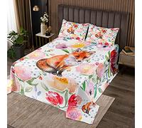 richhome - Copriletto trapuntato con motivo floreale, stile rustico, motivo floreale selvatico, con animali della giungla di volpe, 3 pezzi, per letto matrimoniale