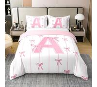 richhome Copripiumino per ragazze con fiocco rosa, 100% cotone, per letto matrimoniale, con grazioso fiocco, per ragazzi e ragazze, set di biancheria da letto con lettera A, 3 pezzi, Kawaii, coquette