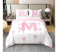 richhome Copripiumino per ragazze con fiocco rosa, 100% cotone, per letto matrimoniale, con grazioso fiocco, per ragazzi e ragazze, set di biancheria da letto con lettera M, 3 pezzi, Kawaii Coquette